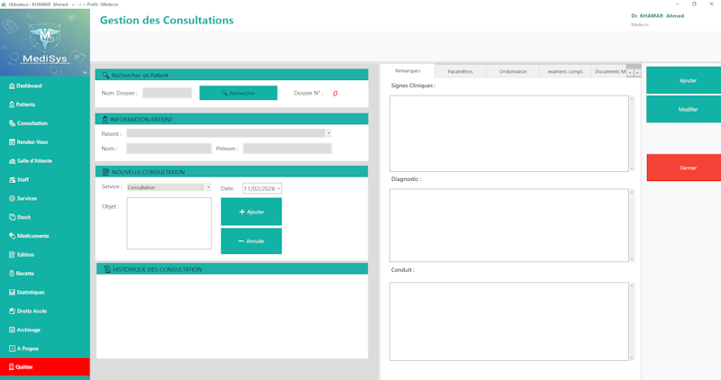 Écran de gestion des consultations